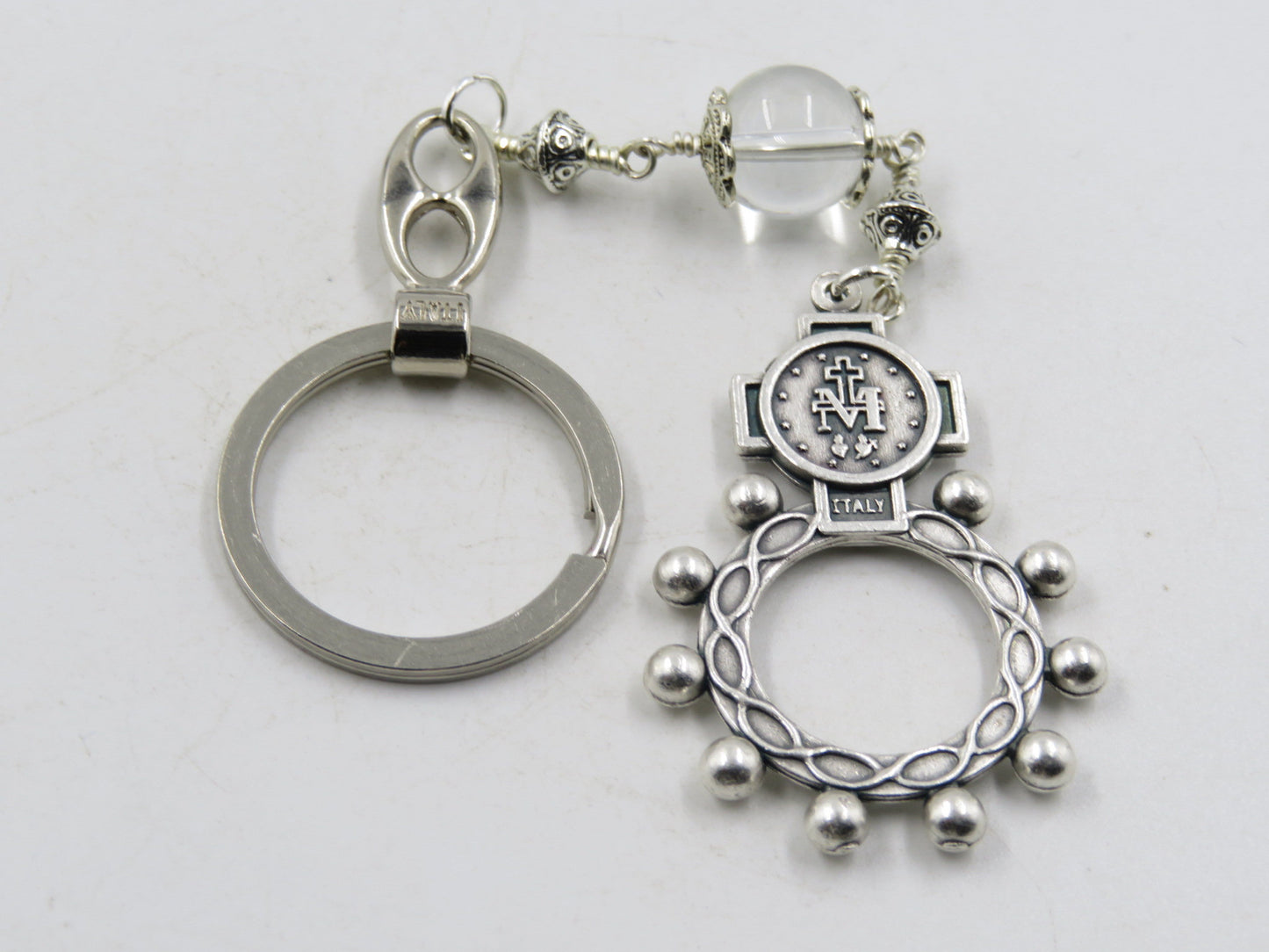 Miraculous medal Rosary Ring, Ten Hail Mary Rosary ring, Wire wrapped Bead, Religious Keyring.
