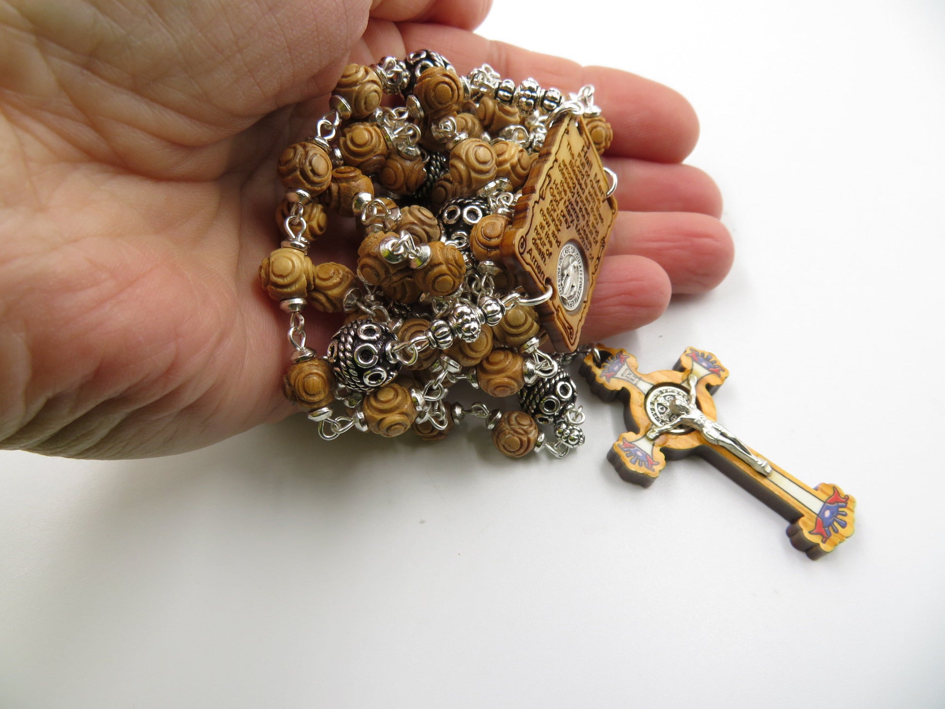 Miraculous Medal unique rosary beads with natural wood and silver beads, olive wood Saint Benedict crucifix and olive wood centre medal.