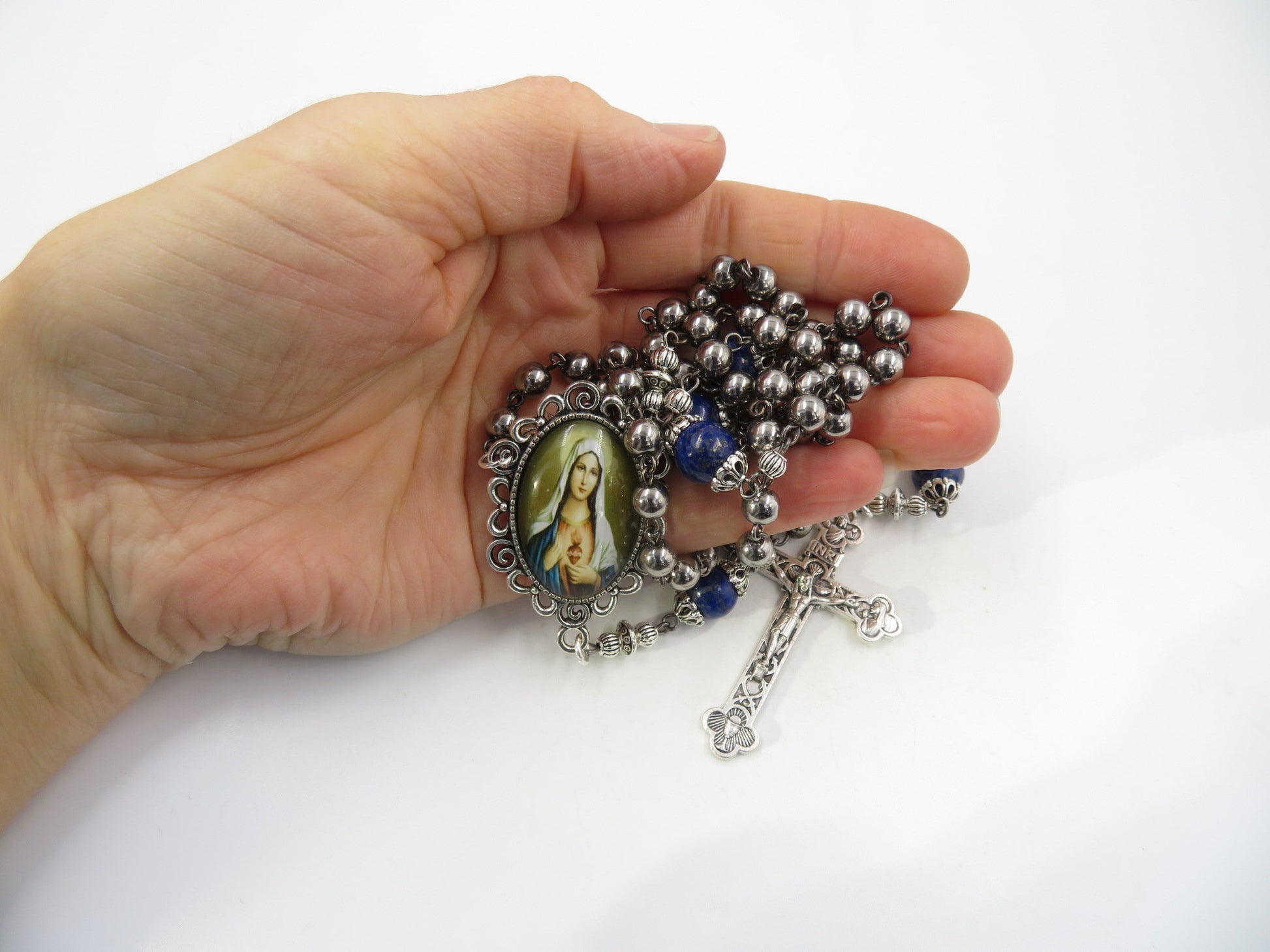 Immaculate Heart of Mary unique rosary beads with silver glass and lapis lazuli beads, silver crucifix and picture centre medal.