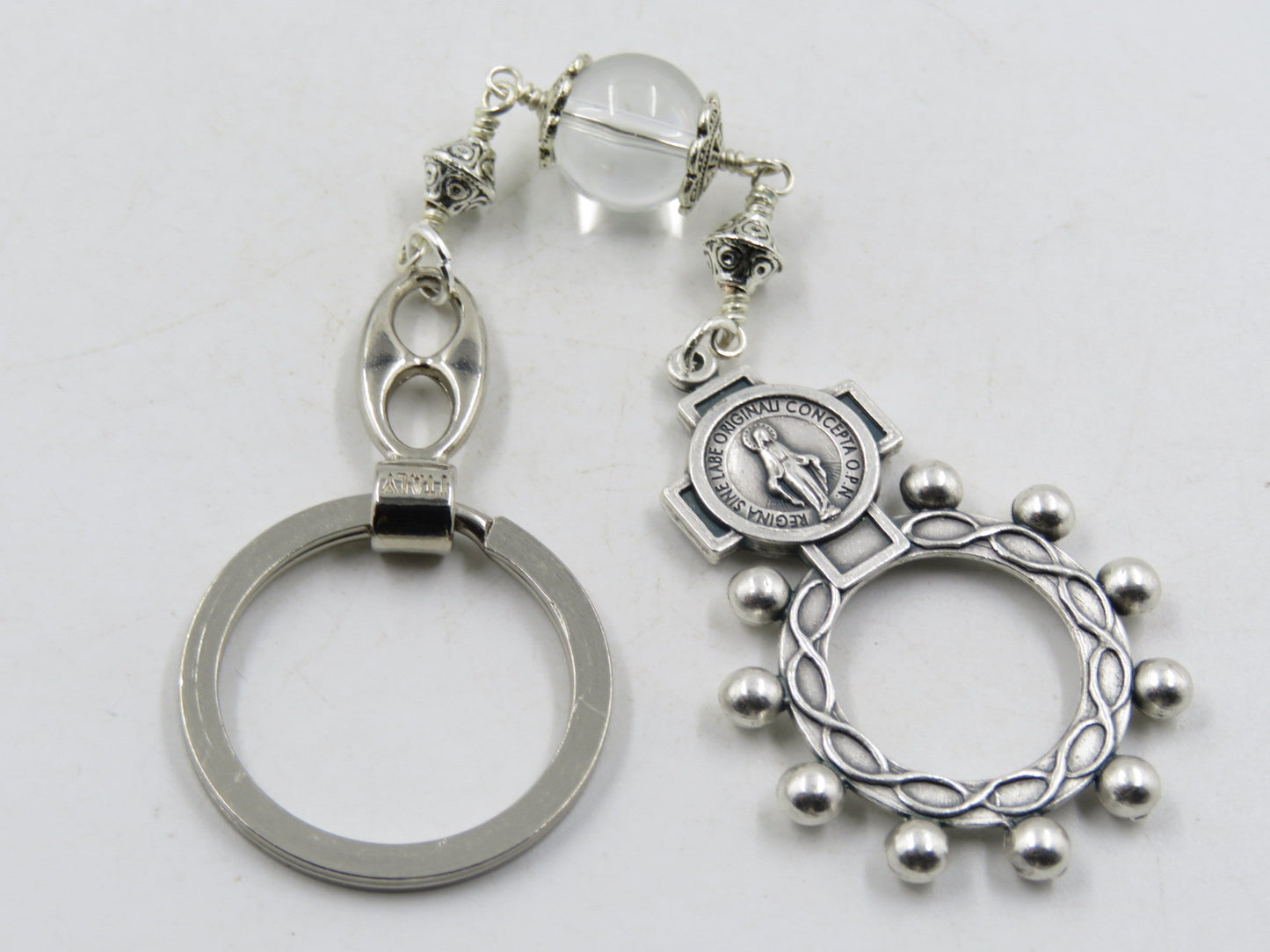 Miraculous medal Rosary Ring, Ten Hail Mary Rosary ring, Wire wrapped Bead, Religious Keyring.