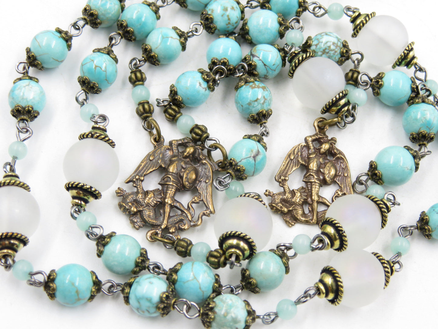 Turquoise gemstone vintage Saint Michael Heirloom prayer chaplet, Handcrafted Rosaries, Prayer Chaplet, Patron Saints, St. Michael chaplet.