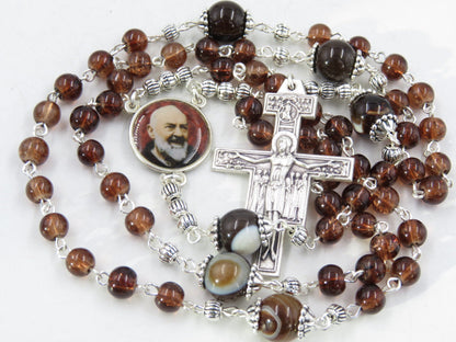 Saint Padre Pio Catholic Rosary beads, St. Pio Brown Agate Rosary, St. Damien Crucifix rosary, Our Lady of Grace rosary beads.