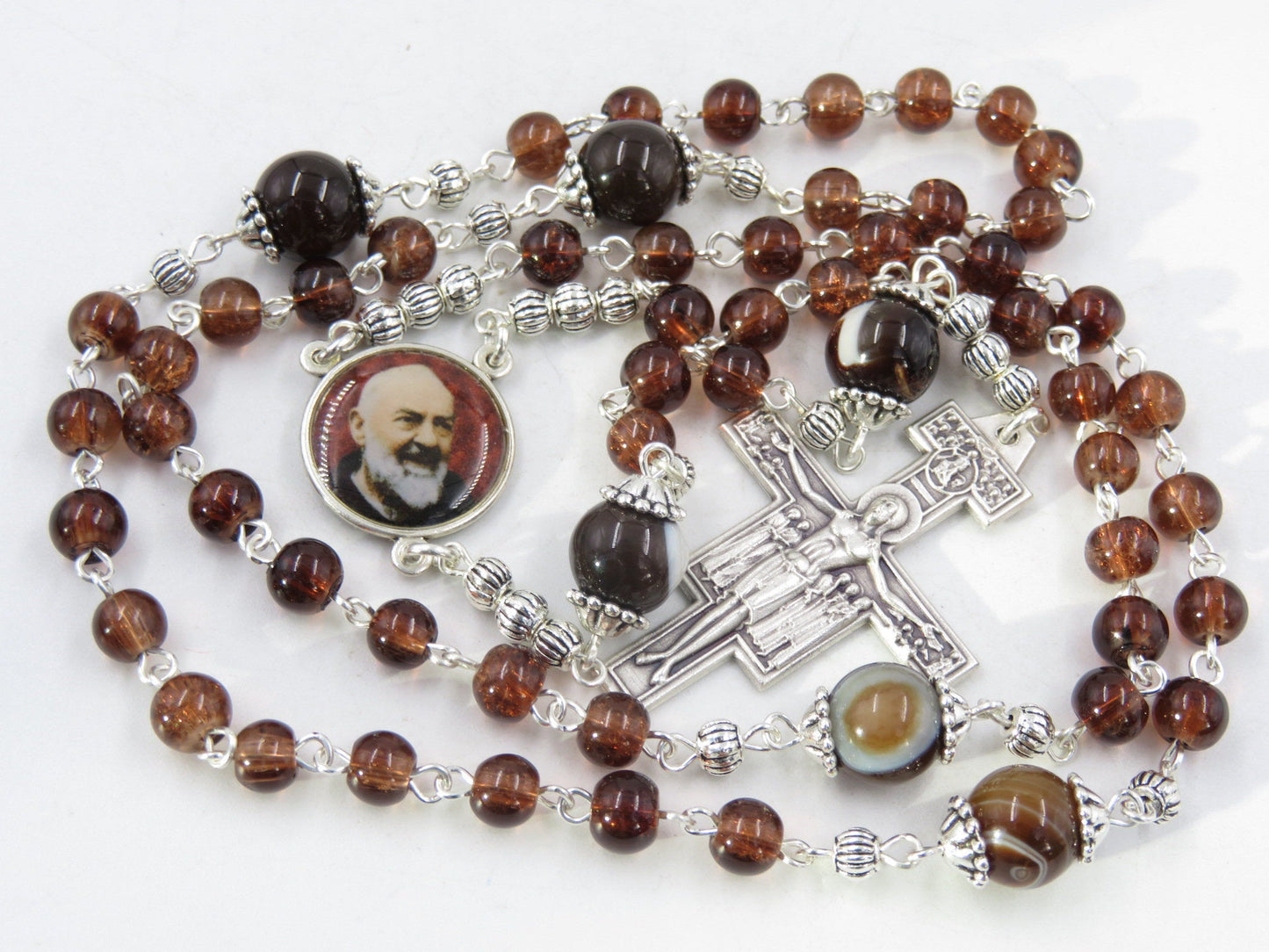 Saint Padre Pio Catholic Rosary beads, St. Pio Brown Agate Rosary, St. Damien Crucifix rosary, Our Lady of Grace rosary beads.