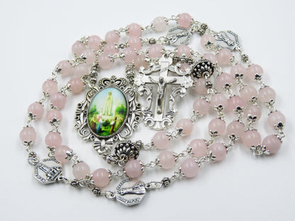 Stunning heirloom Fatima gemstone rosary beads, Rose quartz Gemstone rosaries, Holy rosaries, Religious wedding gift, Crucifix.