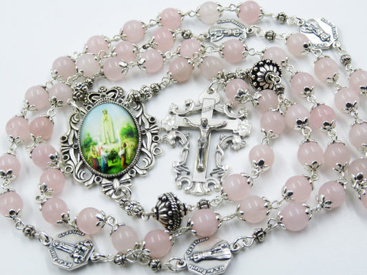 Stunning heirloom Fatima gemstone rosary beads, Rose quartz Gemstone rosaries, Holy rosaries, Religious wedding gift, Crucifix.