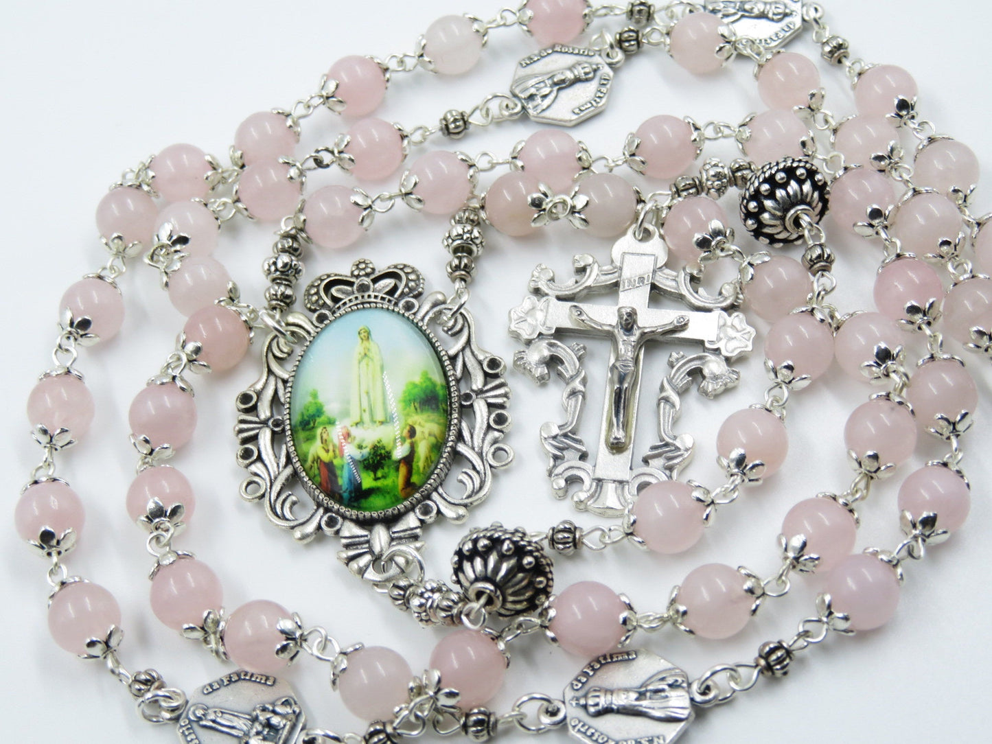 Stunning heirloom Fatima gemstone rosary beads, Rose quartz Gemstone rosaries, Holy rosaries, Religious wedding gift, Crucifix.