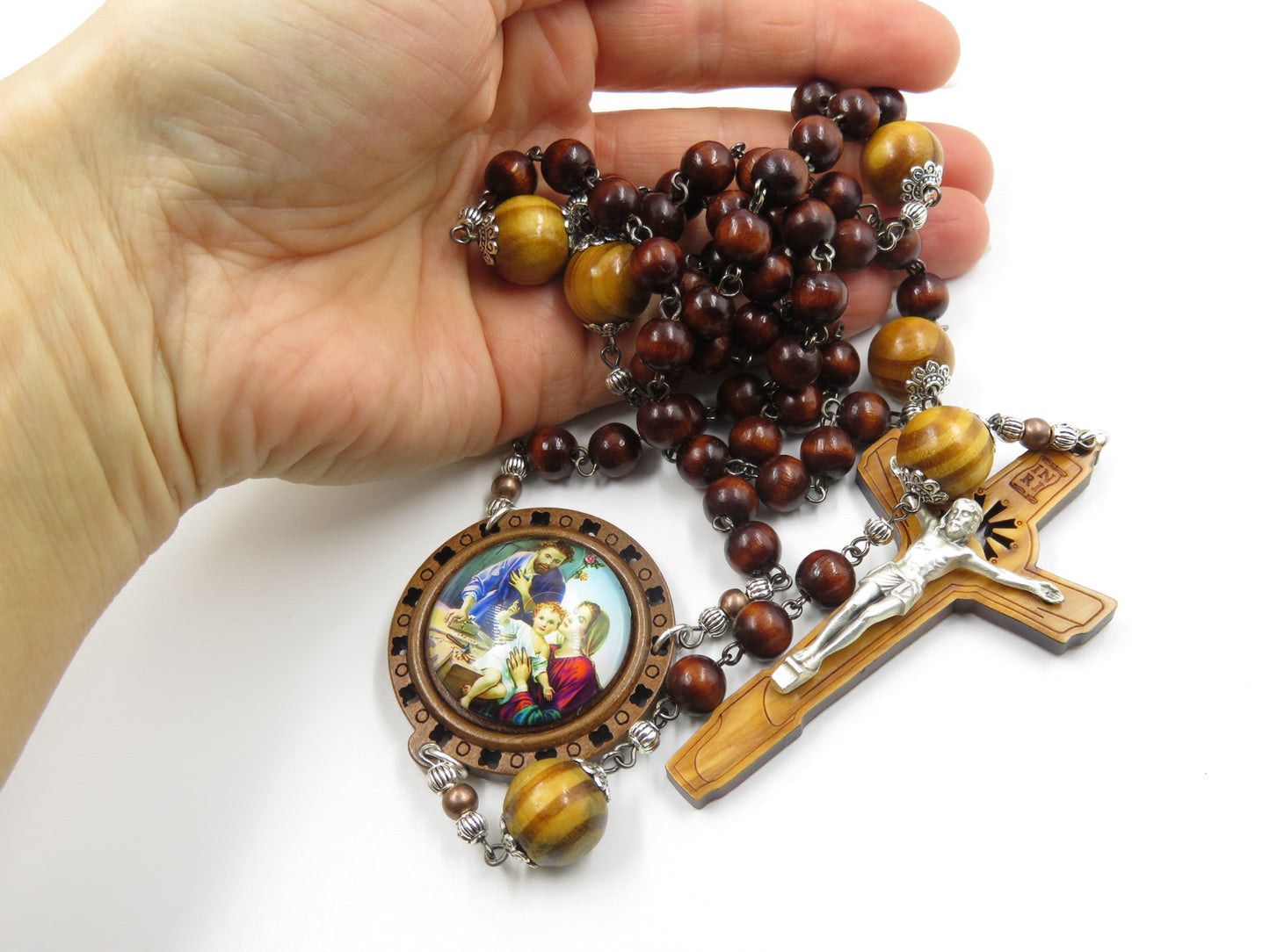 Holy Family wooden rosary beads, Handcrafted wooden Rosaries, Wooden Rosary beads, Large wood Crucifix, rosary beads, Religious gift.