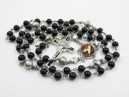 Saint Terese of Avila Onyx Gemstone Rosary beads, Rosaries, Gemstone Rosary Beads, Men's Rosaries, Saint Benedict Crucifix, religious gift.