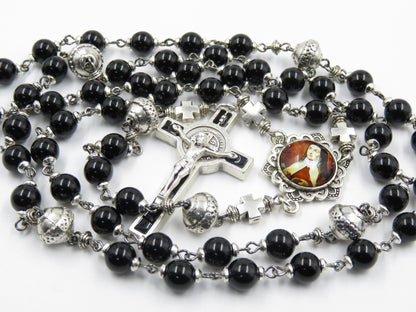 Saint Terese of Avila Onyx Gemstone Rosary beads, Rosaries, Gemstone Rosary Beads, Men's Rosaries, Saint Benedict Crucifix, religious gift.