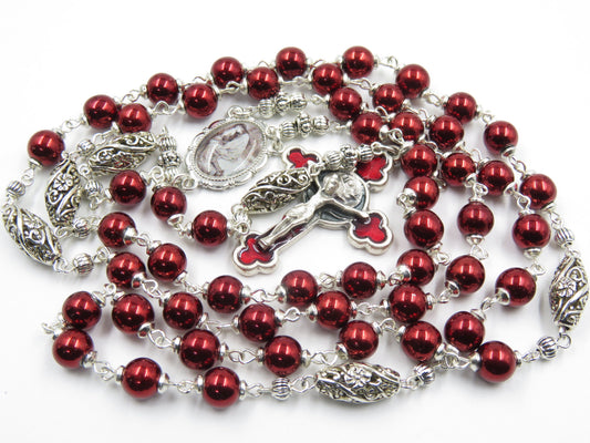 Heirloom Saint Mary Magdalene Gemstone red Hematite Rosary beads, Rosary, Rose Crucifix, Spiritual Wedding prayer beads, Handmade Rosaries.