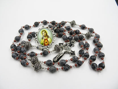 Large Heirloom Gemstone Rosary beads, Sacred Heart rosaries, St Benedict Crucifix, Wall Hanging Rosary beads, Religious Wedding gift.