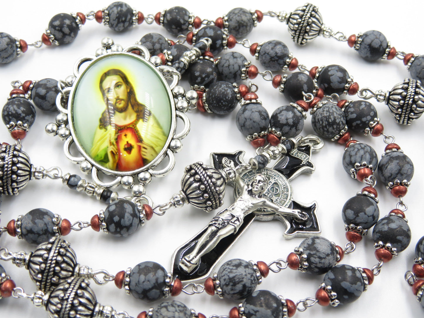 Large Heirloom Gemstone Rosary beads, Sacred Heart rosaries, St Benedict Crucifix, Wall Hanging Rosary beads, Religious Wedding gift.