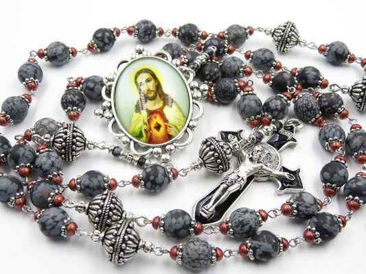 Large Heirloom Gemstone Rosary beads, Sacred Heart rosaries, St Benedict Crucifix, Wall Hanging Rosary beads, Religious Wedding gift.