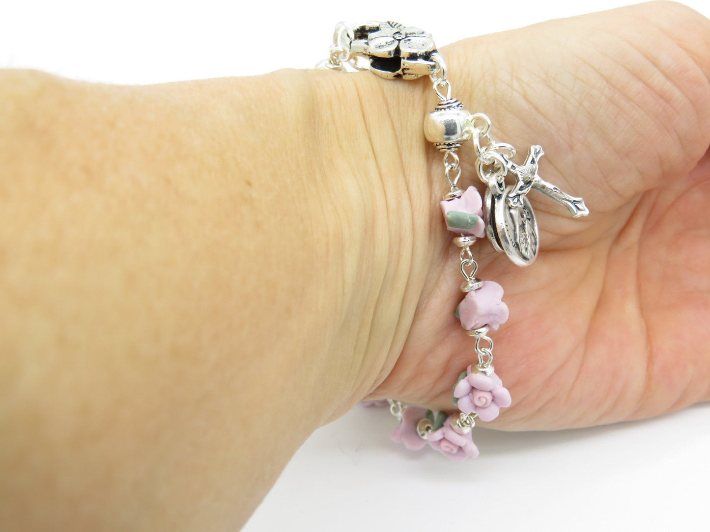 St Therese Rosary bracelet, Single decade rose bracelet, Spiritual gift. Pocket Rosary, Travel Car Visor Rosary