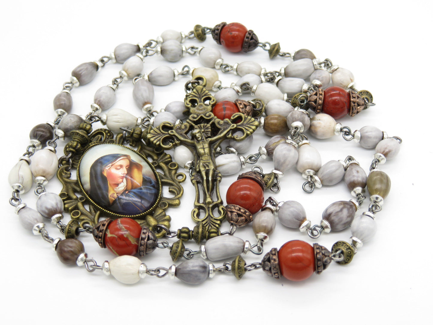 Our lady of Sorrows Job's Tears Rosary beads, Rosary beads, Gemstone Rosaries, Gemstone Rosaries, Brass Crucifix, Job's Tears Prayer beads,