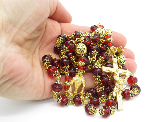 Our Lady of Loretto Rosary prayer beads, Red Glass and gold Rosaries, Saint Therese Crucifix, Sacramental Rosaries, religious gift.