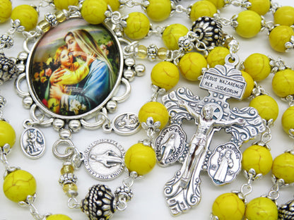 Heirloom Virgin Mary yellow Gemstone Rosary beads, Pardon Crucifix Rosary, Miraculous medal Prayer beads, Handmade Rosaries.