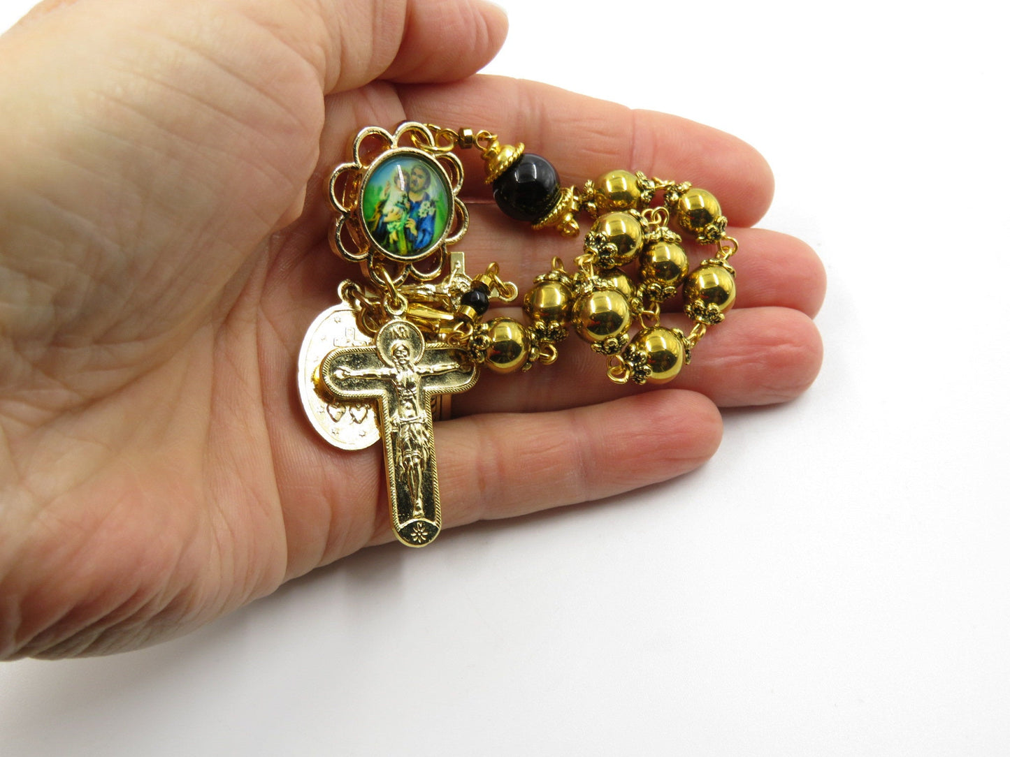 Saint Joseph gold Hematite single decade rosary, Men's tenner rosary beads, Miraculous medal Travel Rosary beads, Pocket Rosary beads.