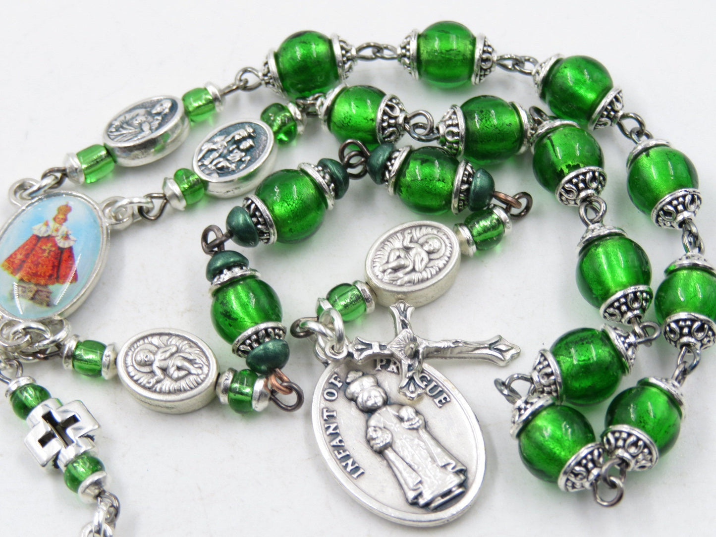 Heirloom Green glass bead Infant of Prague Chaplet, prayer chaplet, Prayer Chaplet, Travel Rosary Car Visor, Christian prayer beads.