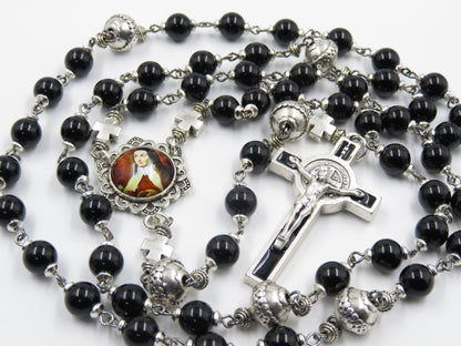 Saint Terese of Avila Onyx Gemstone Rosary beads, Rosaries, Gemstone Rosary Beads, Men's Rosaries, Saint Benedict Crucifix, religious gift.