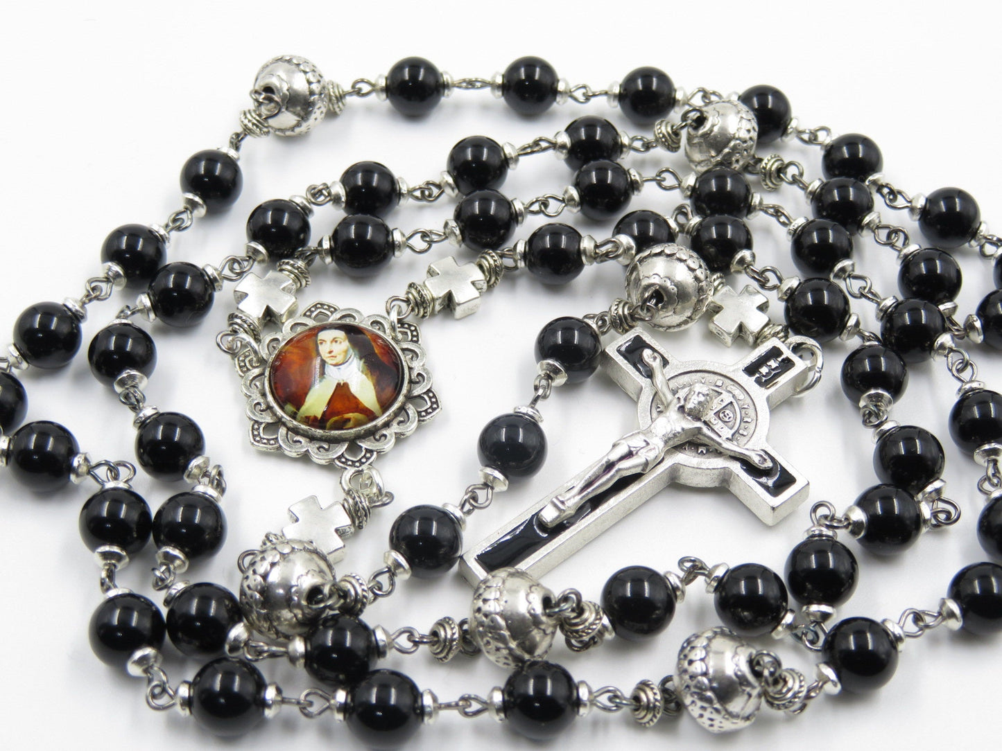 Saint Terese of Avila Onyx Gemstone Rosary beads, Rosaries, Gemstone Rosary Beads, Men's Rosaries, Saint Benedict Crucifix, religious gift.