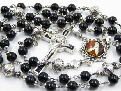 Saint Terese of Avila Onyx Gemstone Rosary beads, Rosaries, Gemstone Rosary Beads, Men's Rosaries, Saint Benedict Crucifix, religious gift.