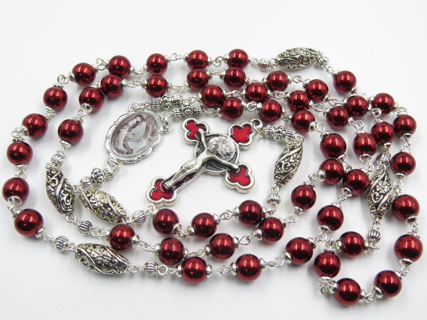 Heirloom Saint Mary Magdalene Gemstone red Hematite Rosary beads, Rosary, Rose Crucifix, Spiritual Wedding prayer beads, Handmade Rosaries.