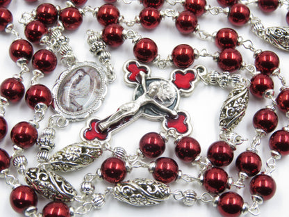 Heirloom Saint Mary Magdalene Gemstone red Hematite Rosary beads, Rosary, Rose Crucifix, Spiritual Wedding prayer beads, Handmade Rosaries.