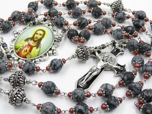 Large Heirloom Gemstone Rosary beads, Sacred Heart rosaries, St Benedict Crucifix, Wall Hanging Rosary beads, Religious Wedding gift.