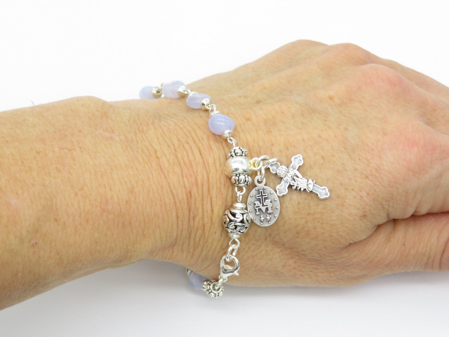 Miraculous medal single decade rosary bead bracelet, Gemstone rosary bracelet, Religious jewellery, prayer beads, Religious Bridesmaid gift.