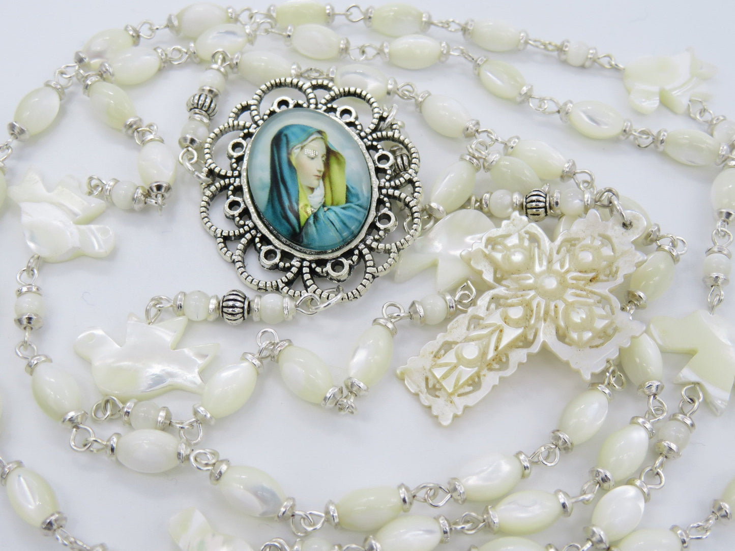 Genuine Mother of Pearl Our Lady of Sorrows Rosary beads, 7 sorrows rosary beads, prayer beads, Holy Spirit Rosaries, Sacramental gift.