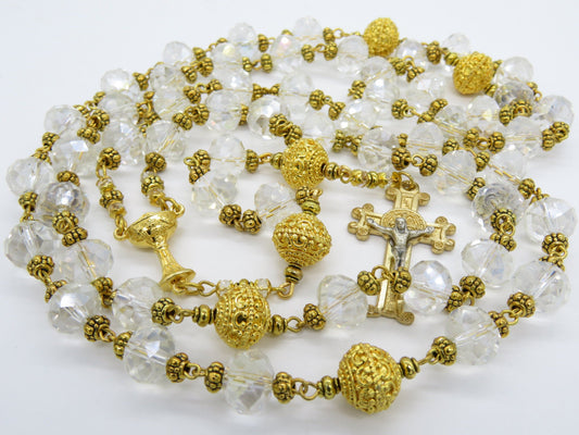 Saint Benedict Crystal Rosary beads, Gold plated Rosaries, Sacramental gift, Spiritual prayer beads, Wedding gift. Chalice Rosary.