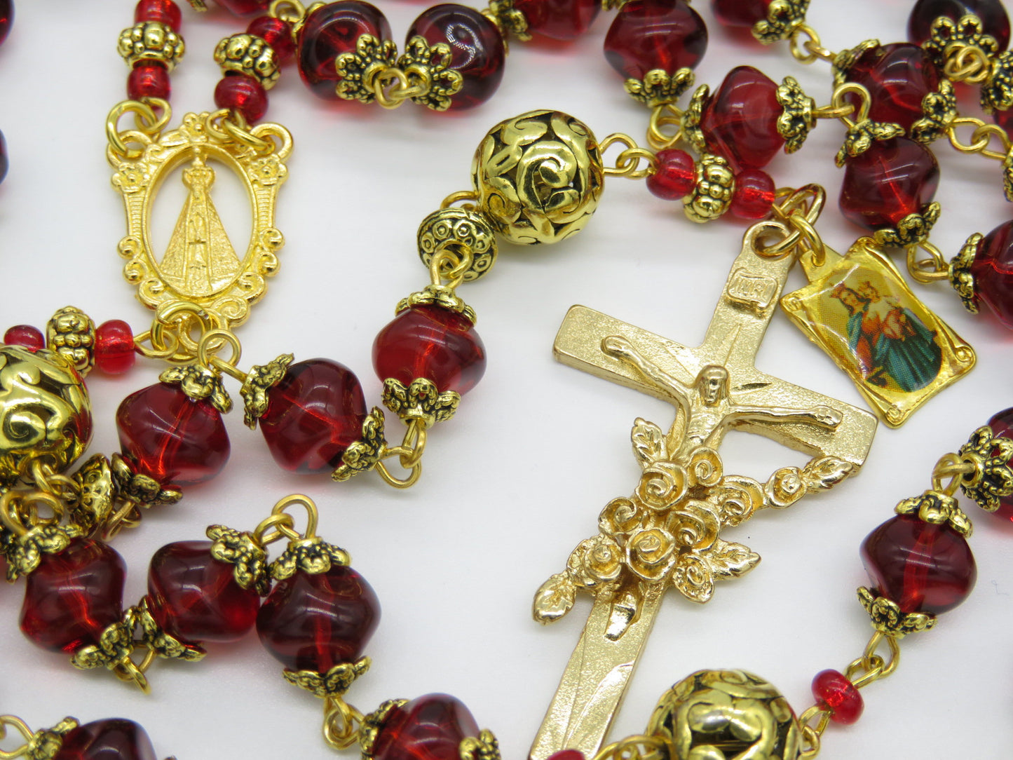 Our Lady of Loretto Rosary prayer beads, Red Glass and gold Rosaries, Saint Therese Crucifix, Sacramental Rosaries, religious gift.