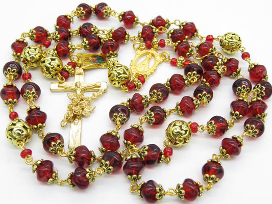Our Lady of Loretto Rosary prayer beads, Red Glass and gold Rosaries, Saint Therese Crucifix, Sacramental Rosaries, religious gift.
