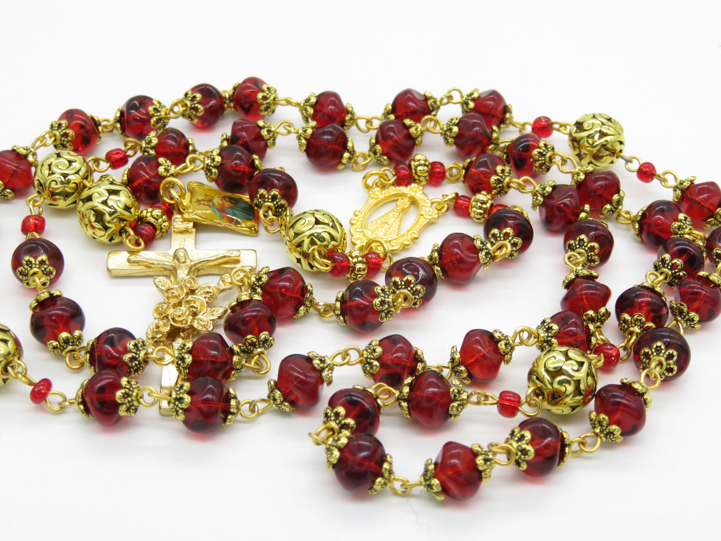 Our Lady of Loretto Rosary prayer beads, Red Glass and gold Rosaries, Saint Therese Crucifix, Sacramental Rosaries, religious gift.
