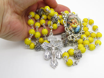 Heirloom Virgin Mary yellow Gemstone Rosary beads, Pardon Crucifix Rosary, Miraculous medal Prayer beads, Handmade Rosaries.