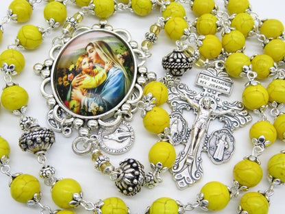 Heirloom Virgin Mary yellow Gemstone Rosary beads, Pardon Crucifix Rosary, Miraculous medal Prayer beads, Handmade Rosaries.