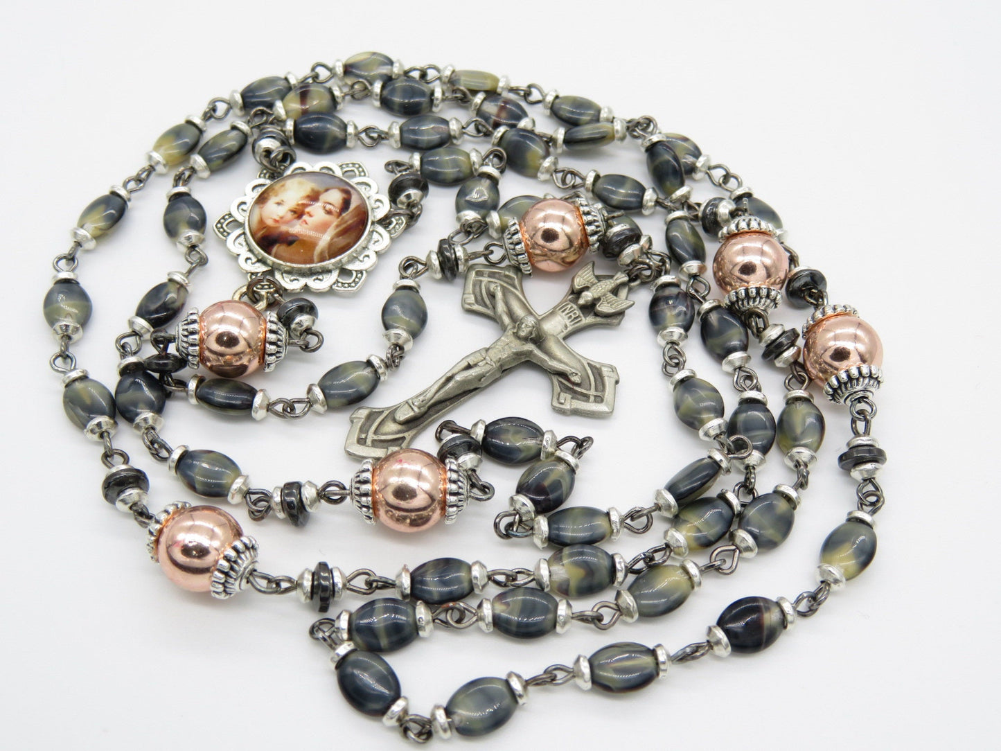 Rose Gold gemstones and glass Rosary beads, Holy Ghost Rosaries, Madonna and child Rosaries, Pewter Holy Spirit Crucifix, religious gift.