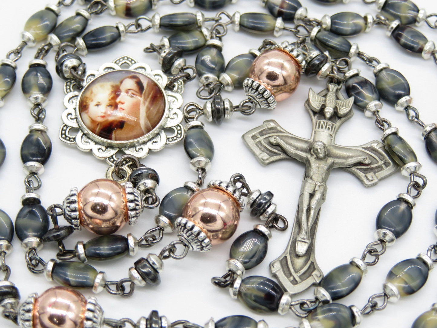 Rose Gold gemstones and glass Rosary beads, Holy Ghost Rosaries, Madonna and child Rosaries, Pewter Holy Spirit Crucifix, religious gift.