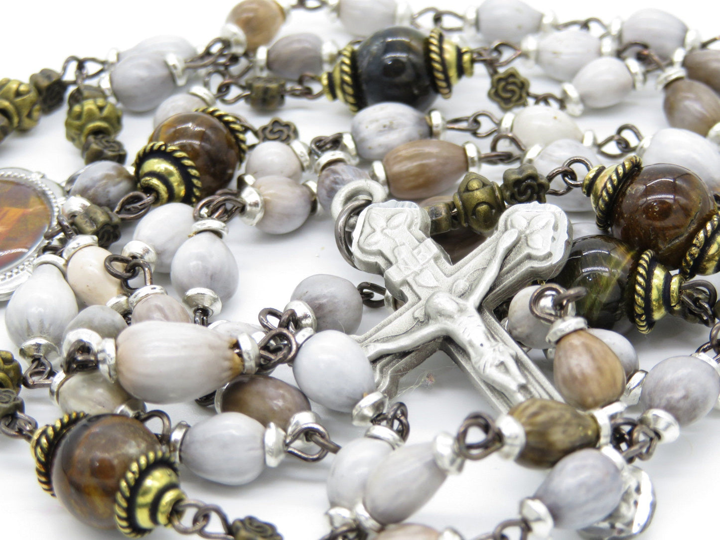 Saint Mary Magdalene Handcrafted Job's tear's Rosary beads, Tigers eye Gemstone Rosaries, Pewter Crucifix, Prayer beads,