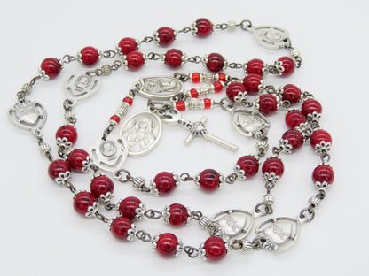 Sacred Heart prayer chaplet, Holy Spirit Crucifix, Handmade red glass Rosary beads, Unique Heirloom Chaplet beads, Wedding Rosary beads.
