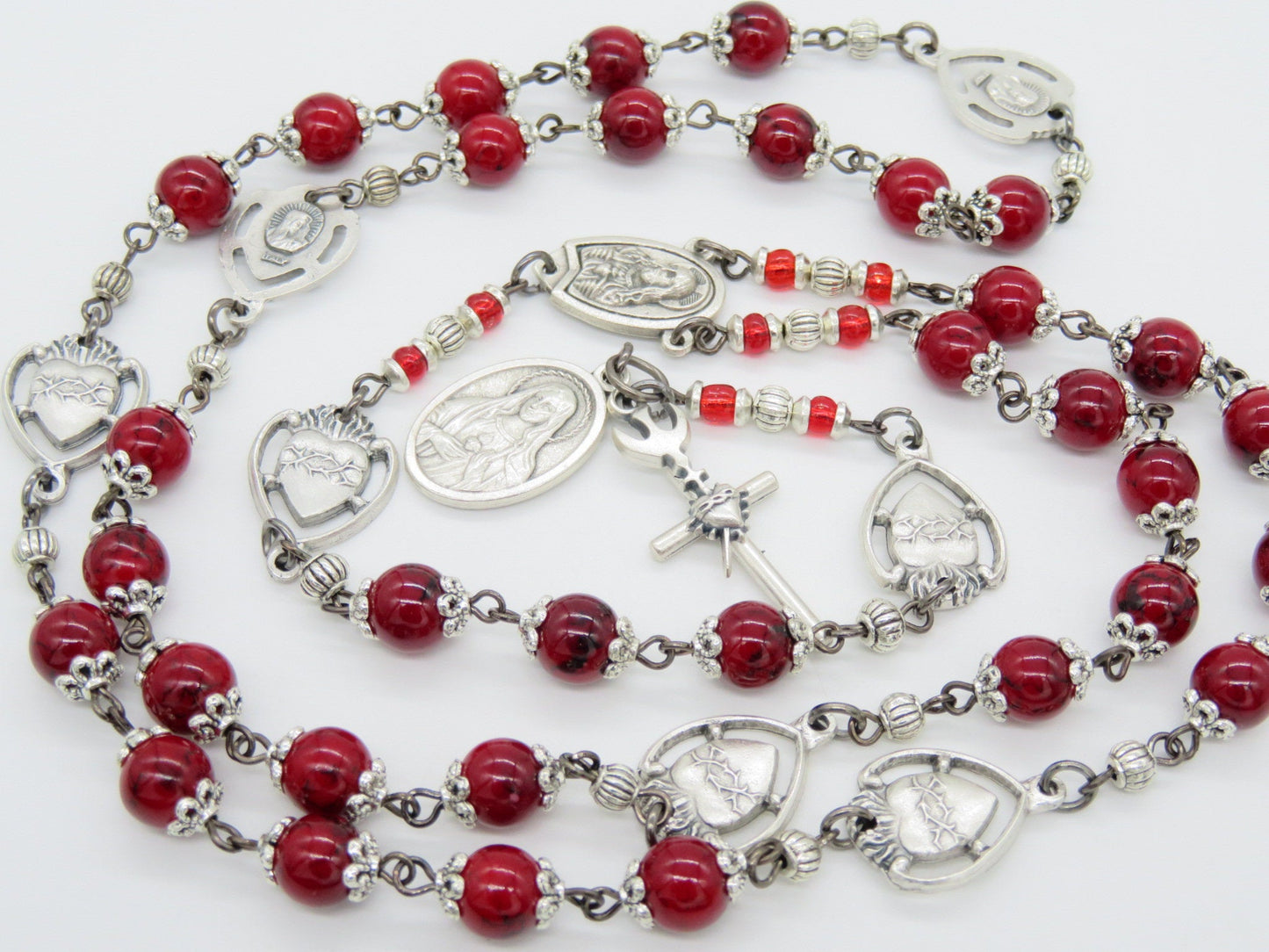Sacred Heart prayer chaplet, Holy Spirit Crucifix, Handmade red glass Rosary beads, Unique Heirloom Chaplet beads, Wedding Rosary beads.
