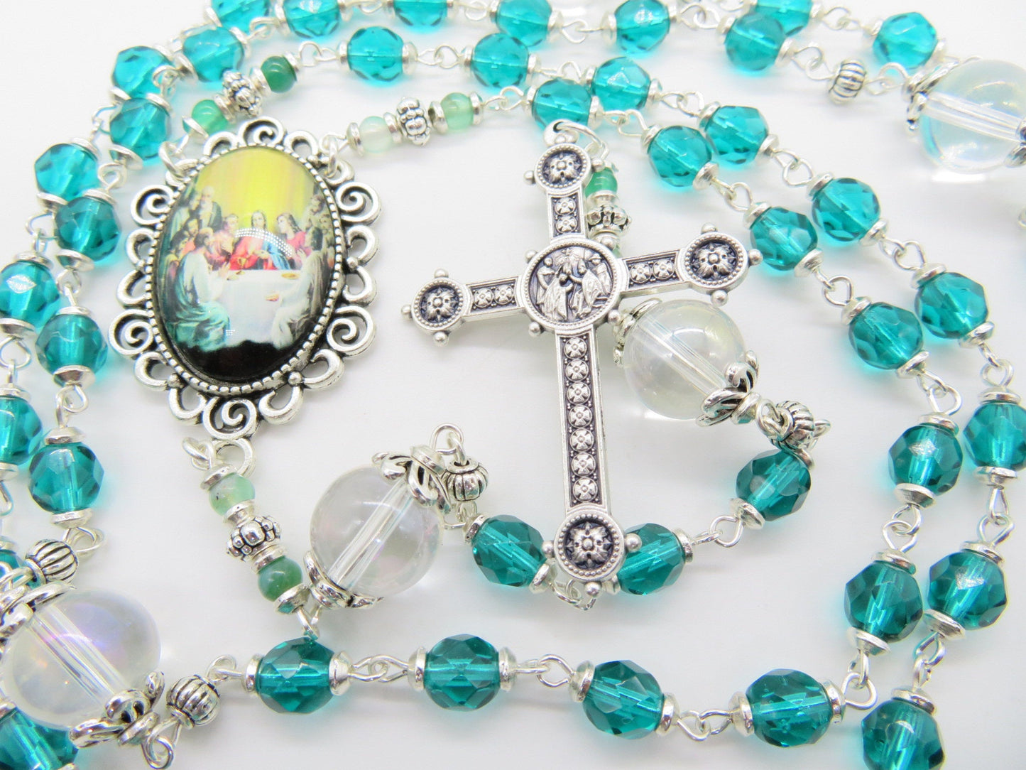 Last Supper green glass Rosary beads, Ferula Papal Cross Rosaries, Devotional Prayer Rosaries, Sacramental Rosary beads.