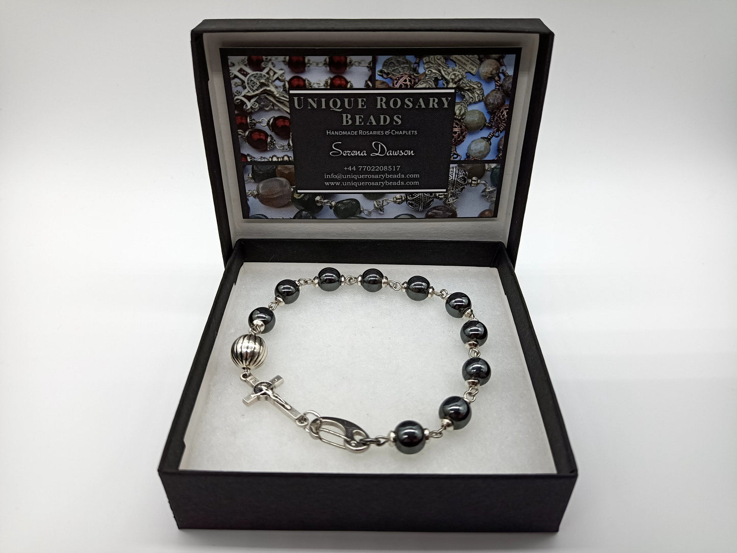 Men's hematite bead single decade Rosary, Stainless steel clasp, Saint Benedict Rosary, Sterling silver bead, Religious gift, prayer beads.