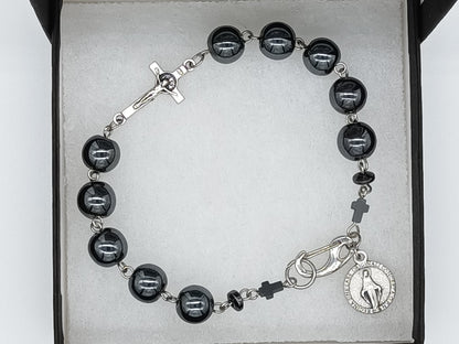 Men's hematite single decade gemstone bracelet, Stainless steel wire Tenner rosary beads, Men's prayer beads, Christian prayer beads.