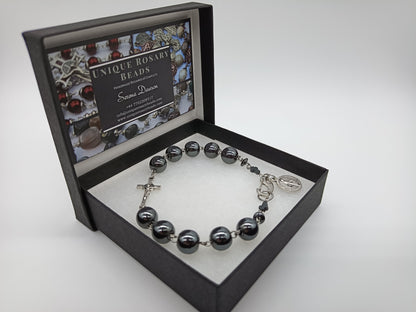 Men's hematite single decade gemstone bracelet, Stainless steel wire Tenner rosary beads, Men's prayer beads, Christian prayer beads.