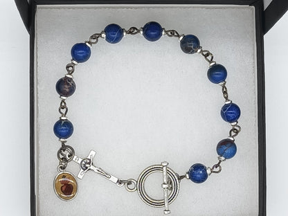 Men's Sacred Heart blue jasper single decade gemstone bracelet, Black wire Tenner rosary beads, Men's prayer beads, Christian prayer beads.