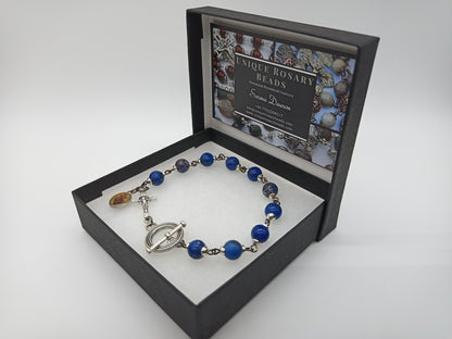 Men's Sacred Heart blue jasper single decade gemstone bracelet, Black wire Tenner rosary beads, Men's prayer beads, Christian prayer beads.