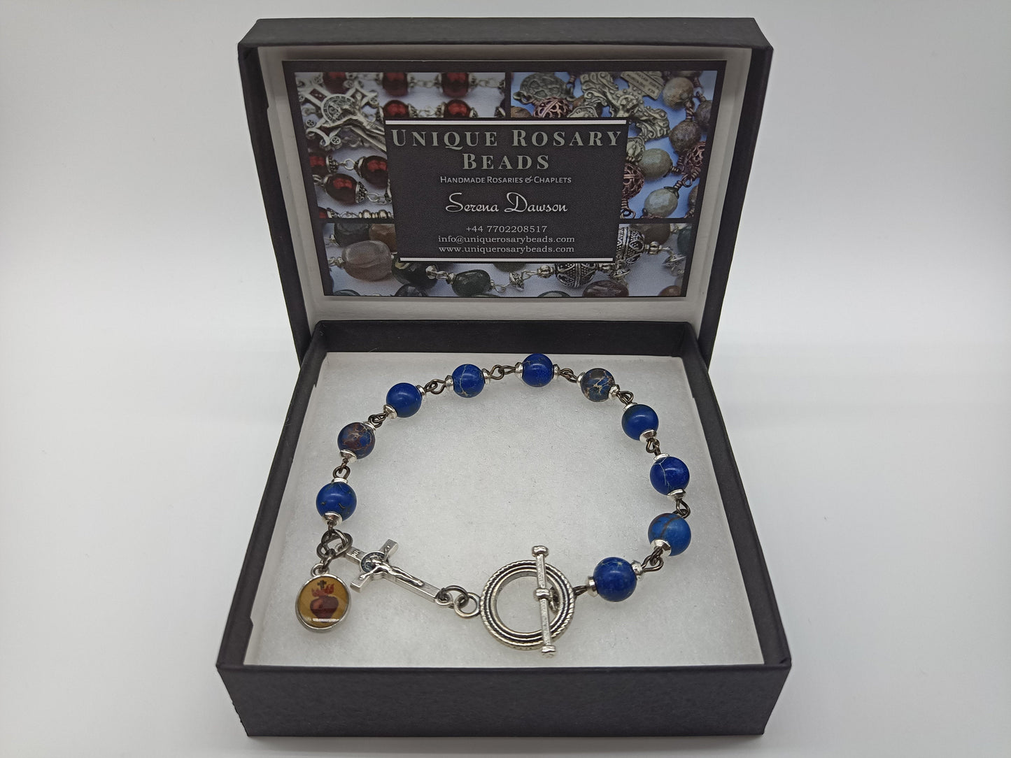 Men's Sacred Heart blue jasper single decade gemstone bracelet, Black wire Tenner rosary beads, Men's prayer beads, Christian prayer beads.