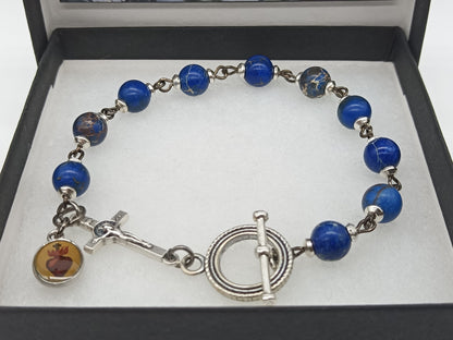 Men's Sacred Heart blue jasper single decade gemstone bracelet, Black wire Tenner rosary beads, Men's prayer beads, Christian prayer beads.